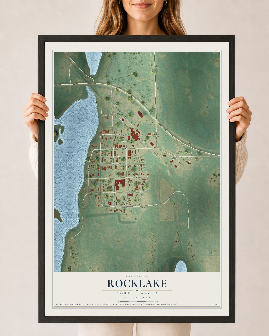 Map of Rocklake, North Dakota, 24 x 36 inch print in a black wood frame