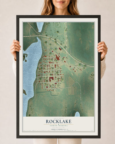 Map of Rocklake, North Dakota, 24 x 36 inch print in a black wood frame