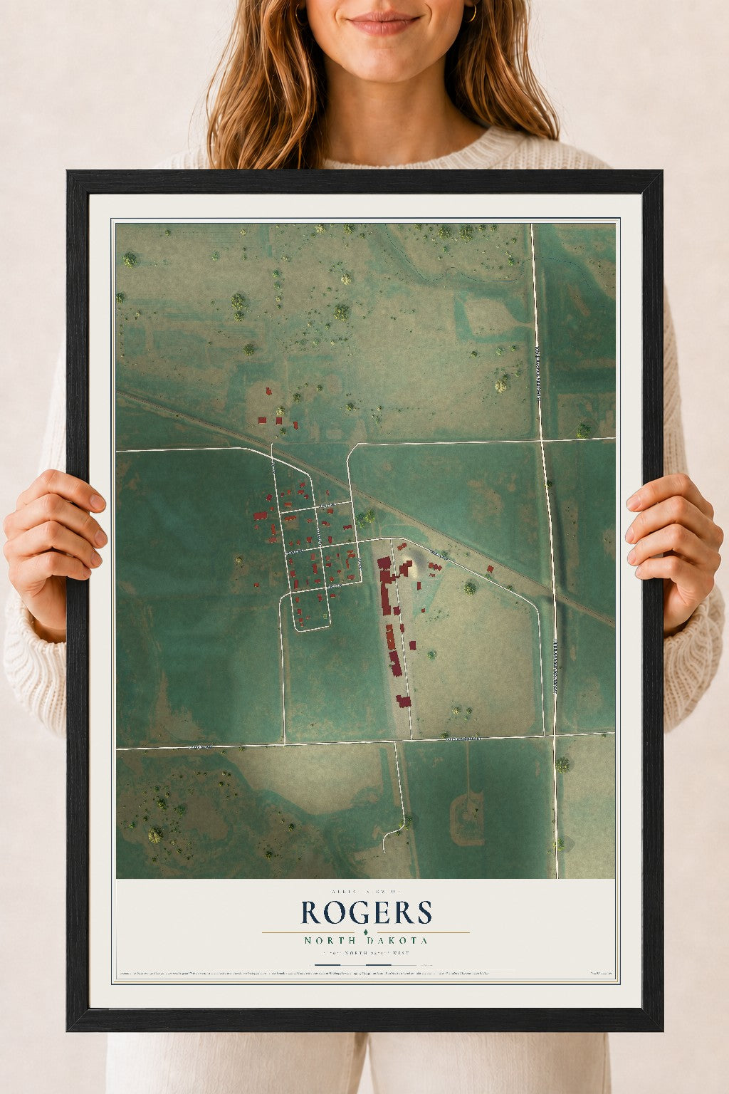 Map of Rogers, North Dakota, 18 x 24 inch print in a black wood frame