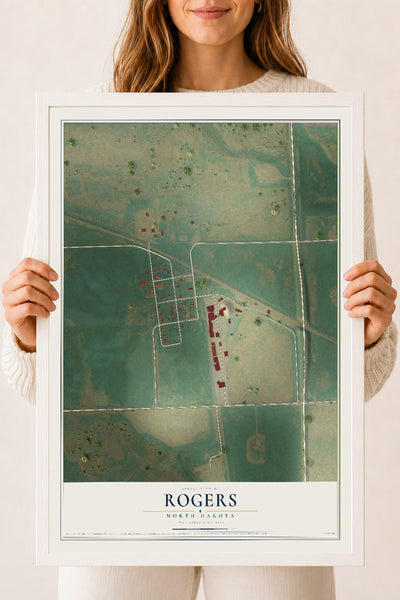 Map of Rogers, North Dakota, 18 x 24 inch print in a white wood frame