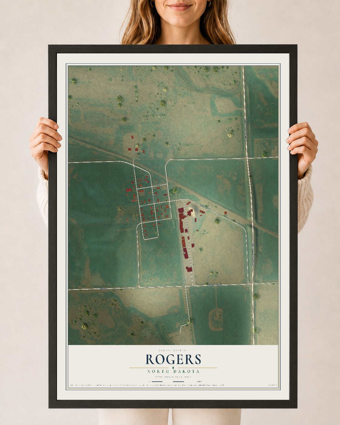 Map of Rogers, North Dakota, 24 x 36 inch print in a black wood frame
