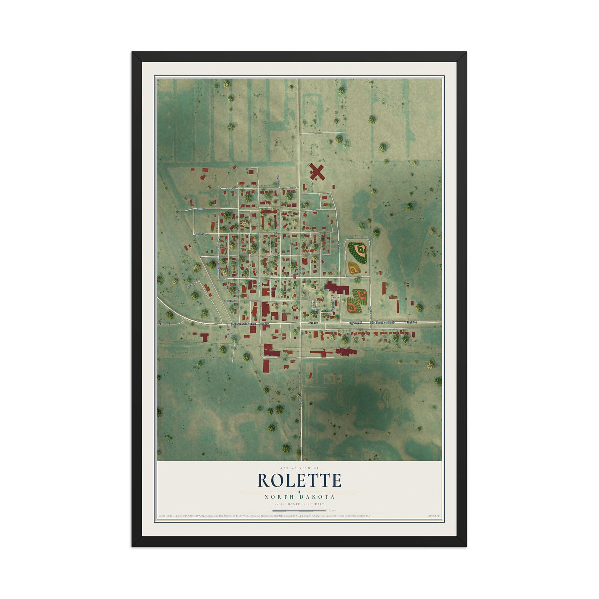 Map of Rolette, North Dakota, 12 x 18 inch print in a black wood frame