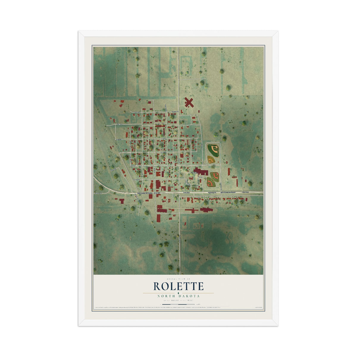 Map of Rolette, North Dakota, 12 x 18 inch print in a white wood frame