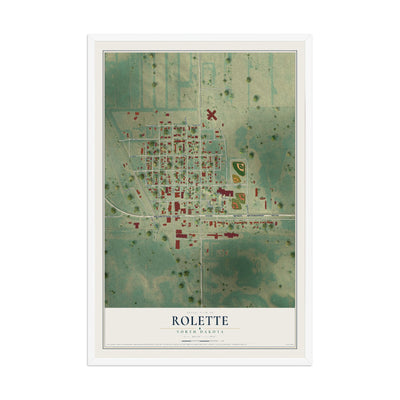 Map of Rolette, North Dakota, 12 x 18 inch print in a white wood frame