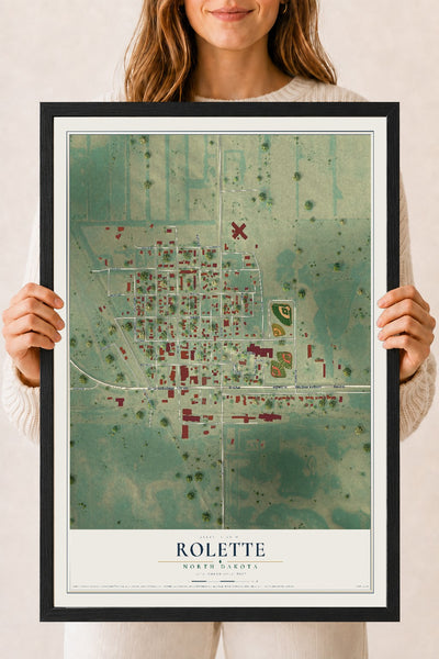 Map of Rolette, North Dakota, 18 x 24 inch print in a black wood frame
