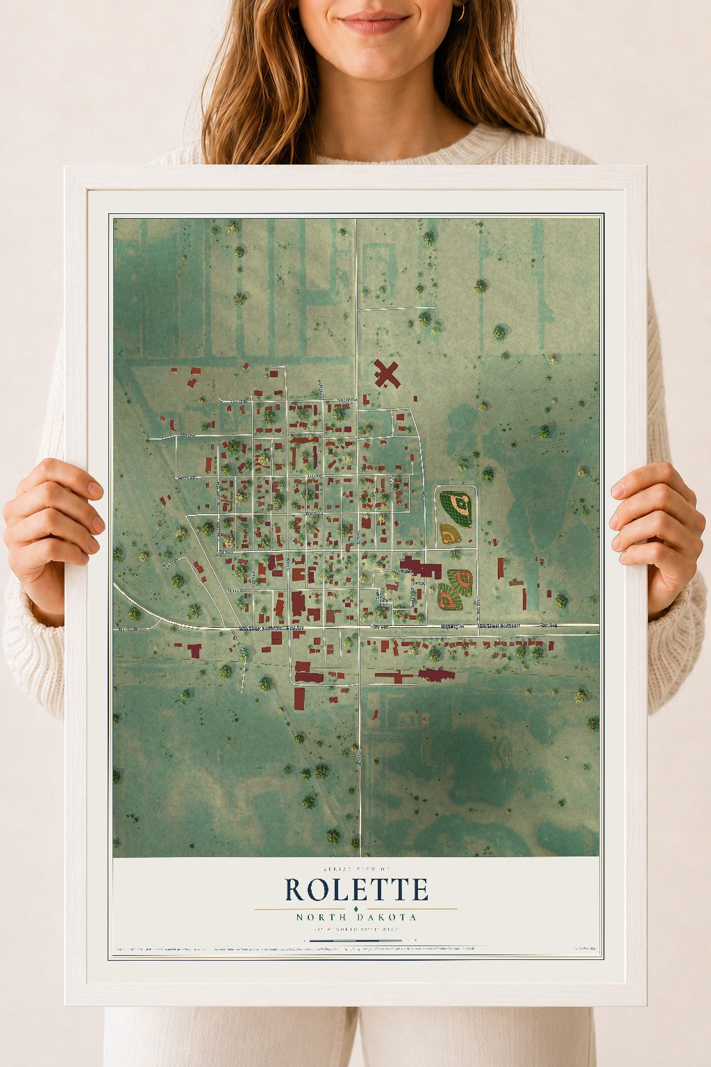 Map of Rolette, North Dakota, 18 x 24 inch print in a white wood frame