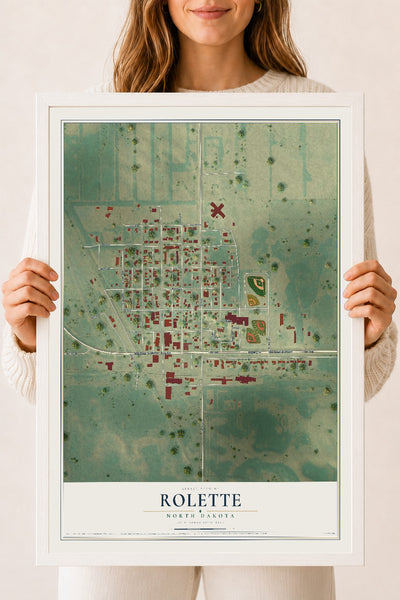 Map of Rolette, North Dakota, 18 x 24 inch print in a white wood frame