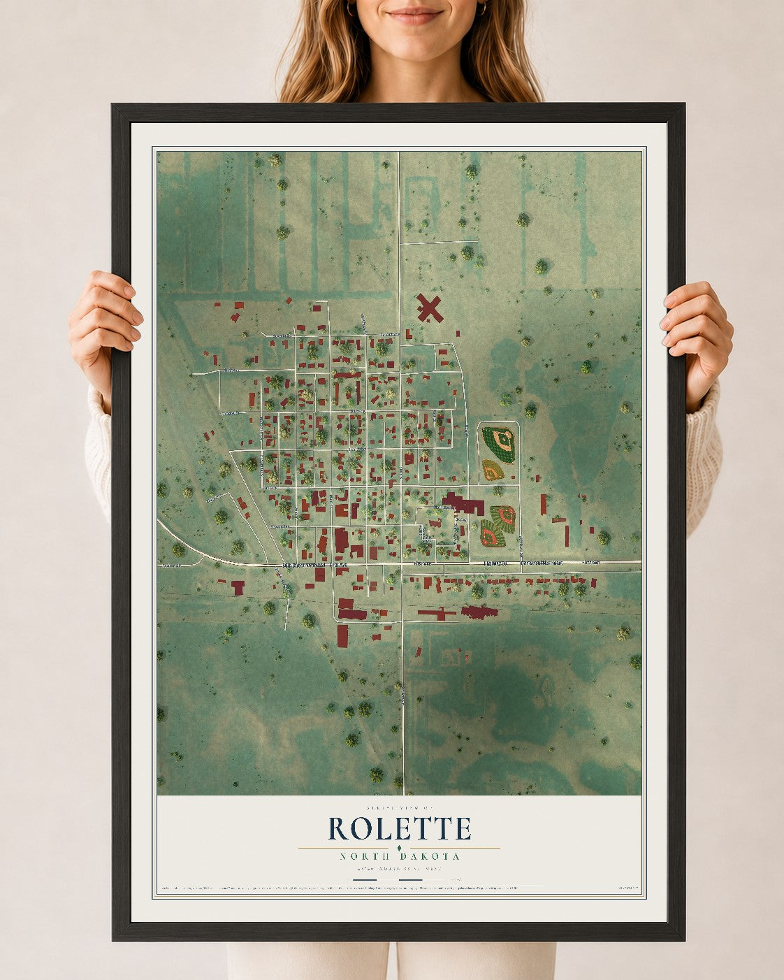 Map of Rolette, North Dakota, 24 x 36 inch print in a black wood frame