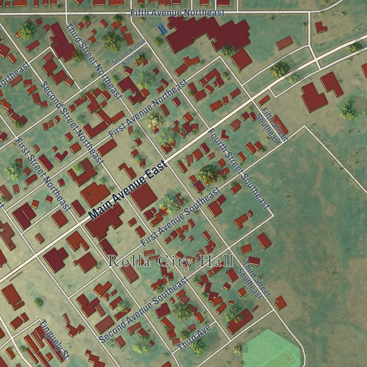 Close-up of the map of Rolla, North Dakota print showing street and building detail