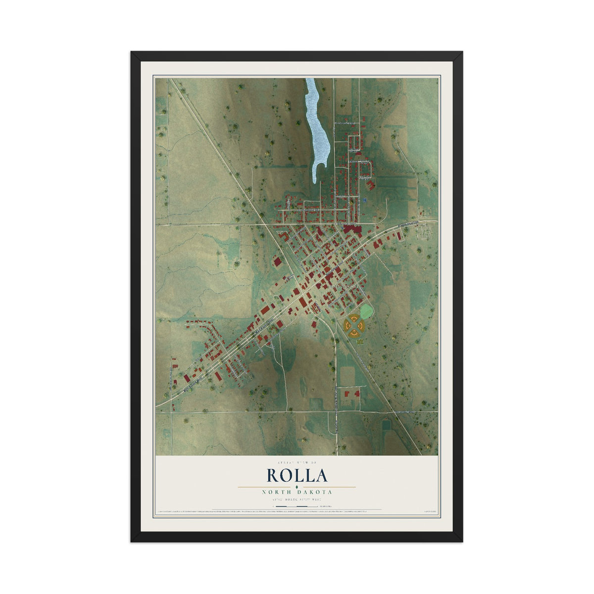 Map of Rolla, North Dakota, 12 x 18 inch print in a black wood frame