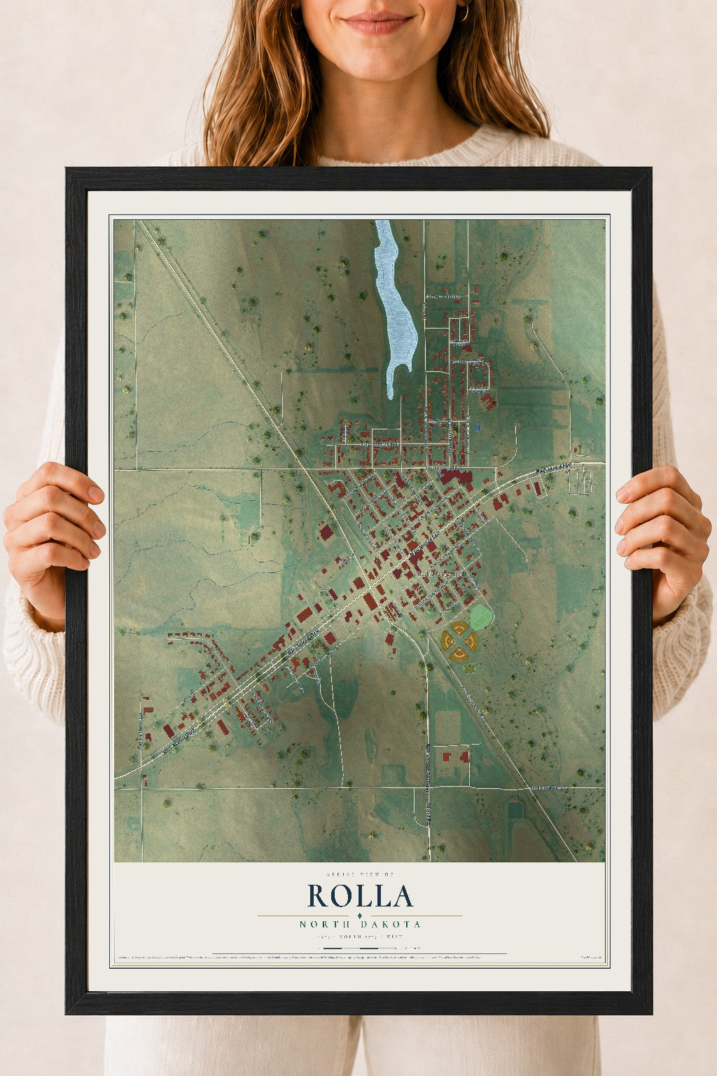 Map of Rolla, North Dakota, 18 x 24 inch print in a black wood frame