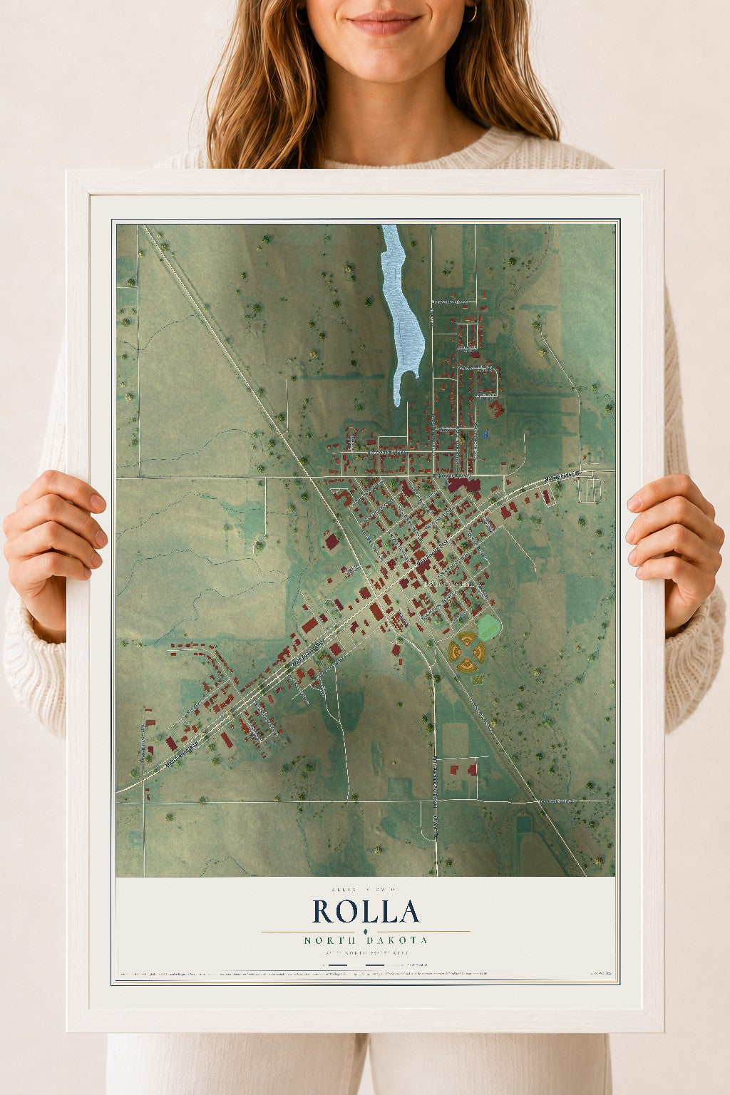 Map of Rolla, North Dakota, 18 x 24 inch print in a white wood frame
