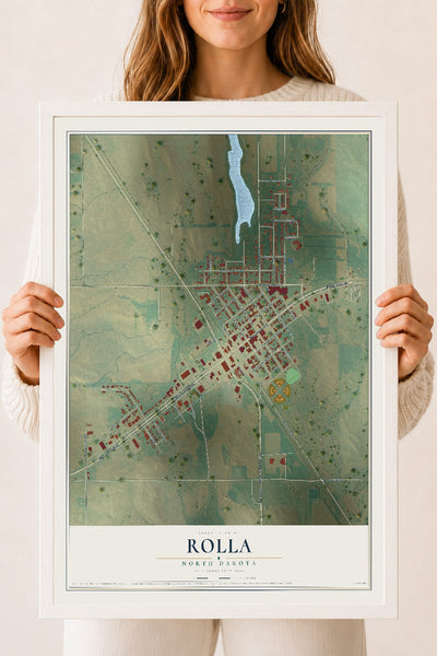 Map of Rolla, North Dakota, 18 x 24 inch print in a white wood frame