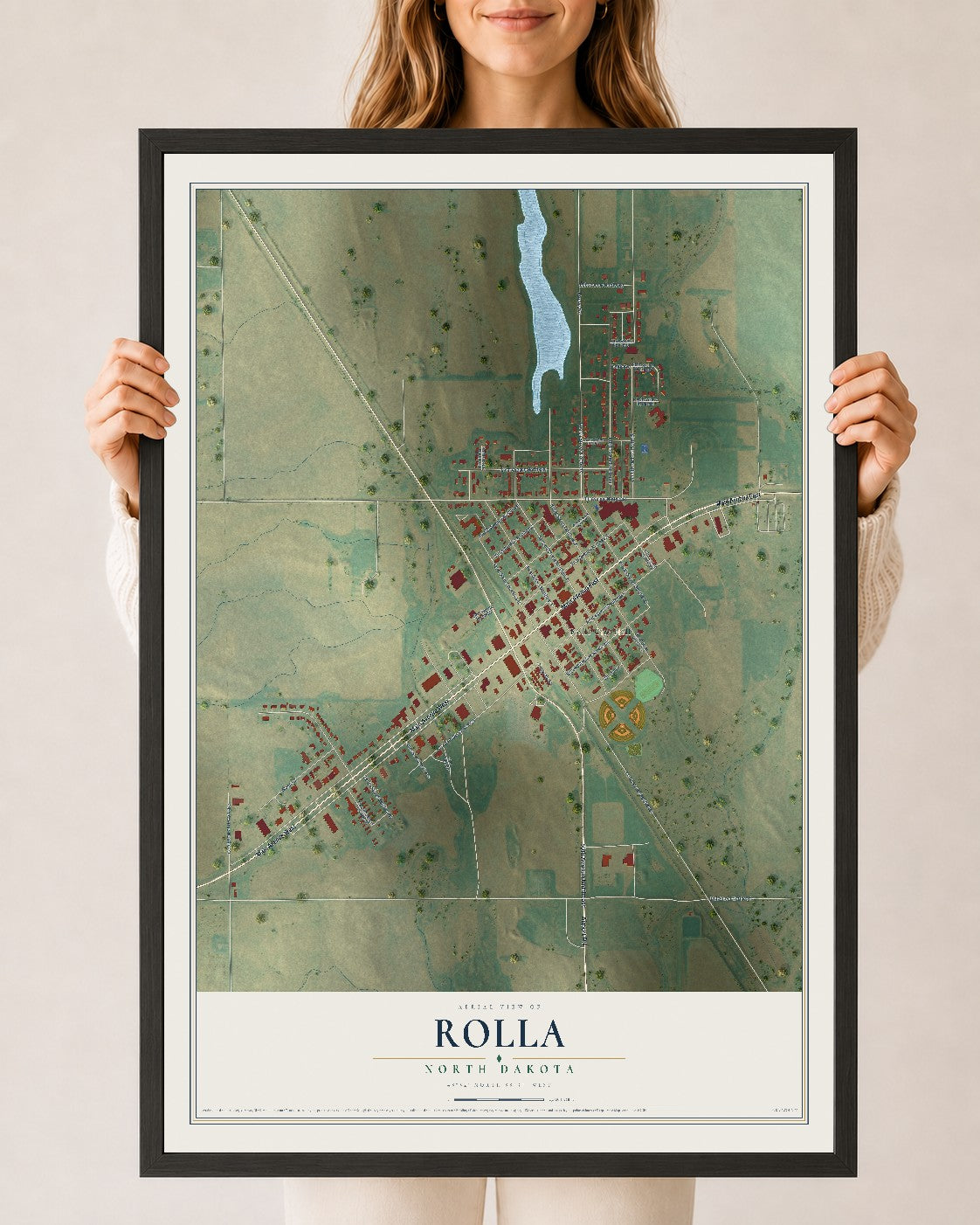 Map of Rolla, North Dakota, 24 x 36 inch print in a black wood frame