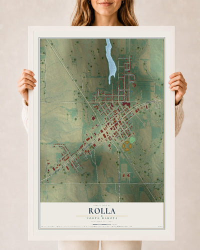 Map of Rolla, North Dakota, 24 x 36 inch print in a white wood frame