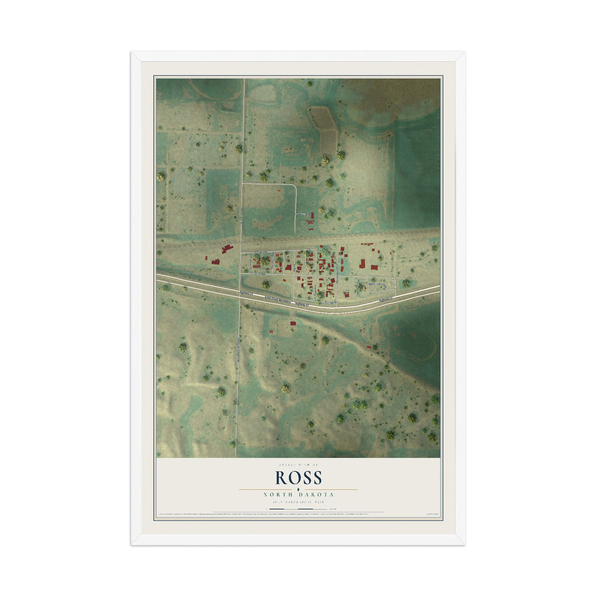 Map of Ross, North Dakota, 12 x 18 inch print in a white wood frame