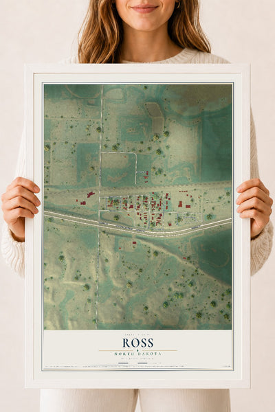 Map of Ross, North Dakota, 18 x 24 inch print in a white wood frame