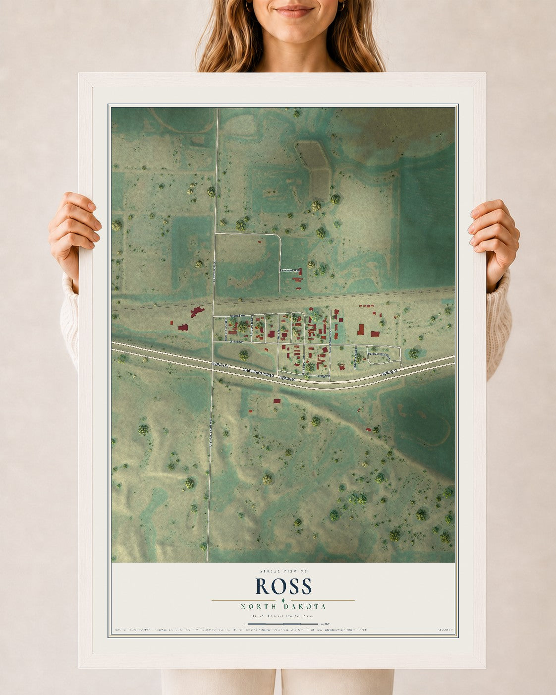 Map of Ross, North Dakota, 24 x 36 inch print in a white wood frame