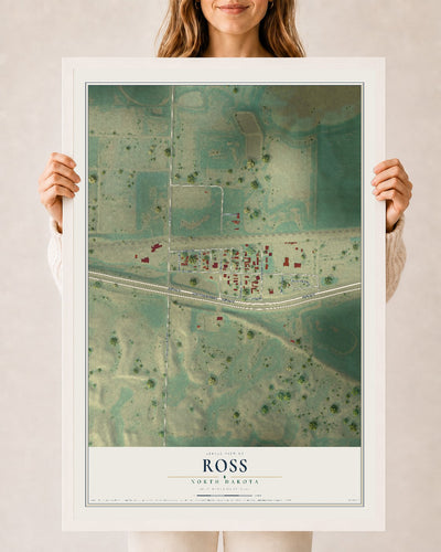 Map of Ross, North Dakota, 24 x 36 inch print in a white wood frame