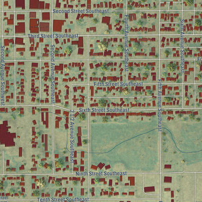 Close-up of the map of Rugby, North Dakota print showing street and building detail