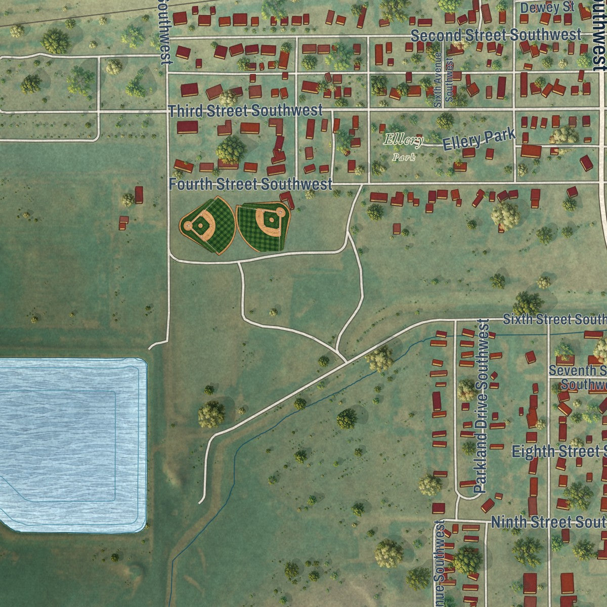 Second close-up of the map of Rugby, North Dakota print showing more streets and buildings
