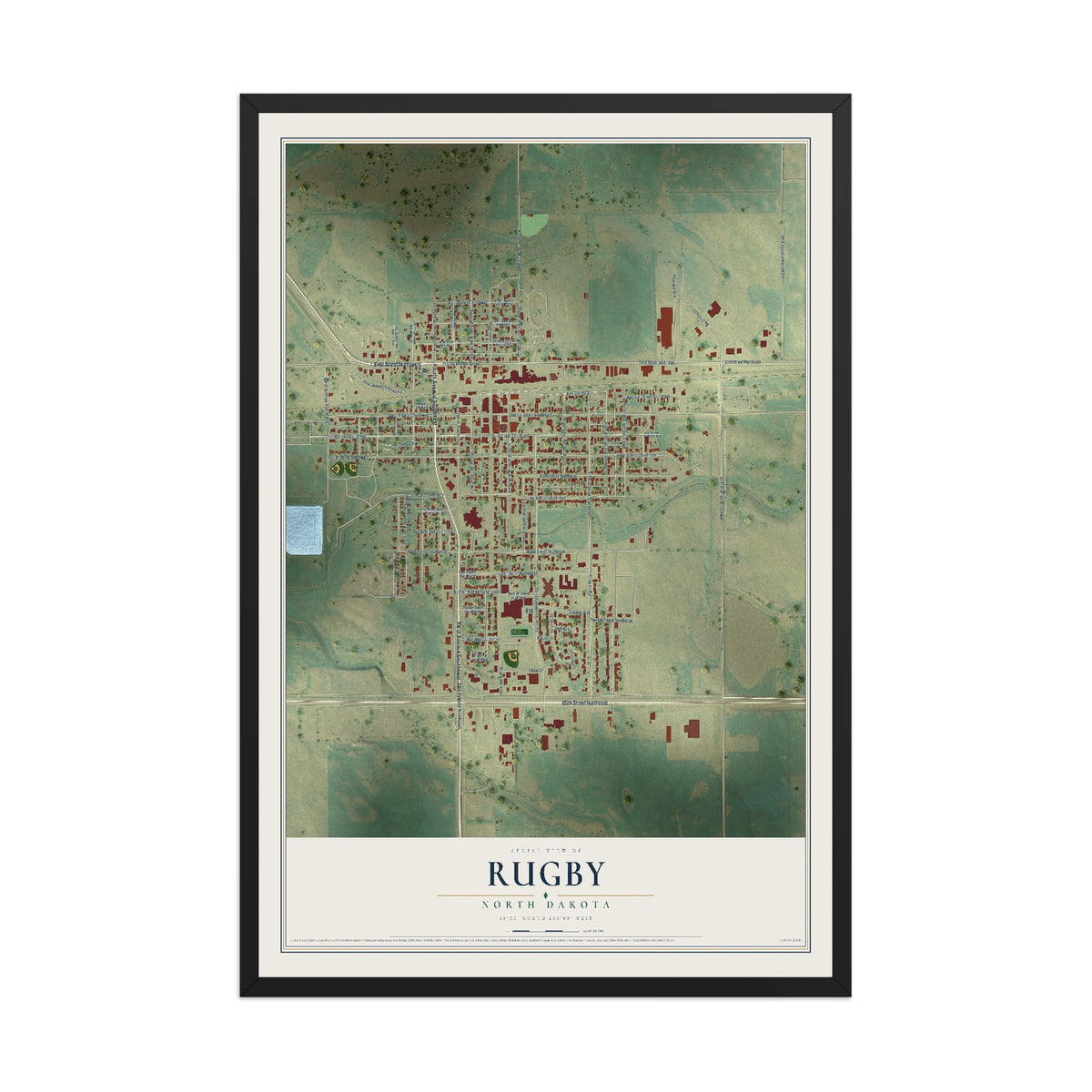 Map of Rugby, North Dakota, 12 x 18 inch print in a black wood frame