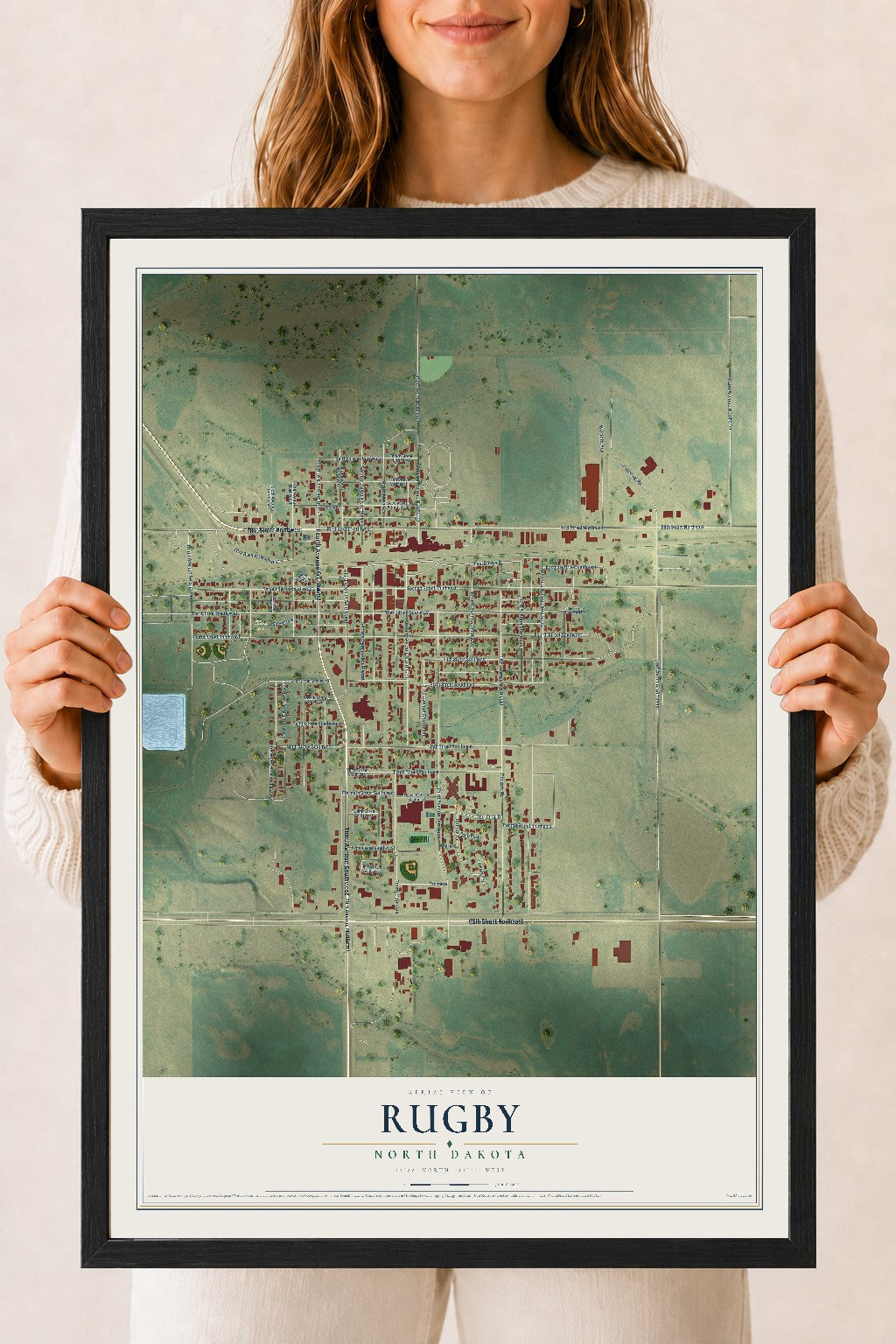 Map of Rugby, North Dakota, 18 x 24 inch print in a black wood frame
