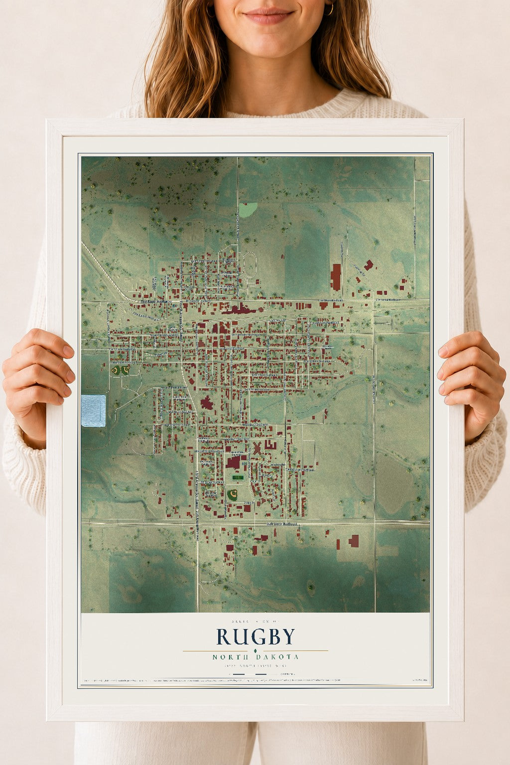Map of Rugby, North Dakota, 18 x 24 inch print in a white wood frame