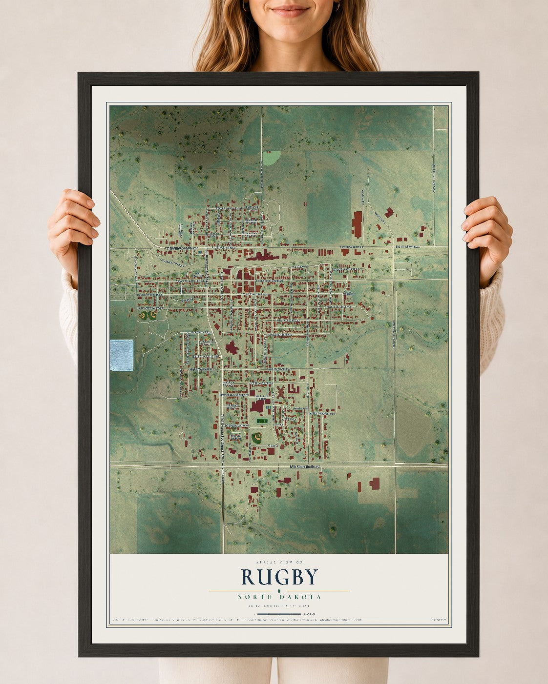 Map of Rugby, North Dakota, 24 x 36 inch print in a black wood frame