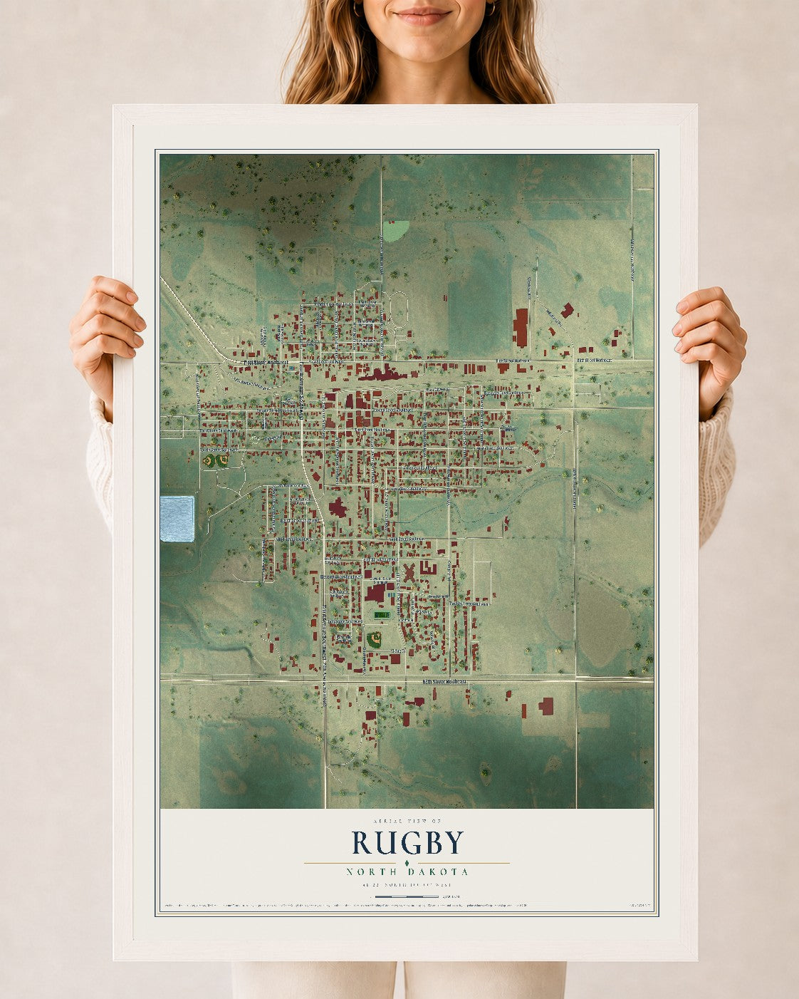 Map of Rugby, North Dakota, 24 x 36 inch print in a white wood frame