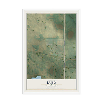 Map of Ruso, North Dakota, 12 x 18 inch print in a white wood frame