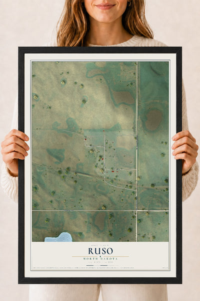 Map of Ruso, North Dakota, 18 x 24 inch print in a black wood frame