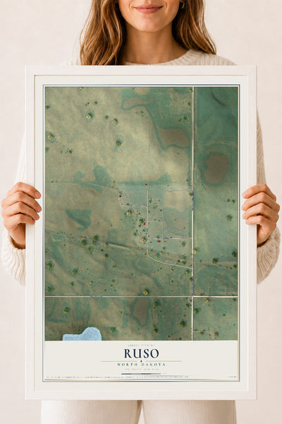 Map of Ruso, North Dakota, 18 x 24 inch print in a white wood frame