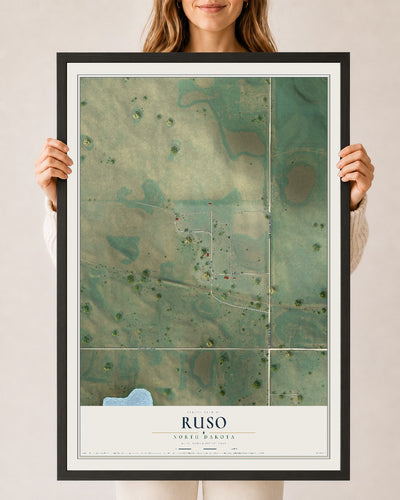 Map of Ruso, North Dakota, 24 x 36 inch print in a black wood frame