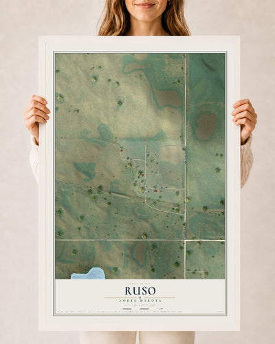 Map of Ruso, North Dakota, 24 x 36 inch print in a white wood frame
