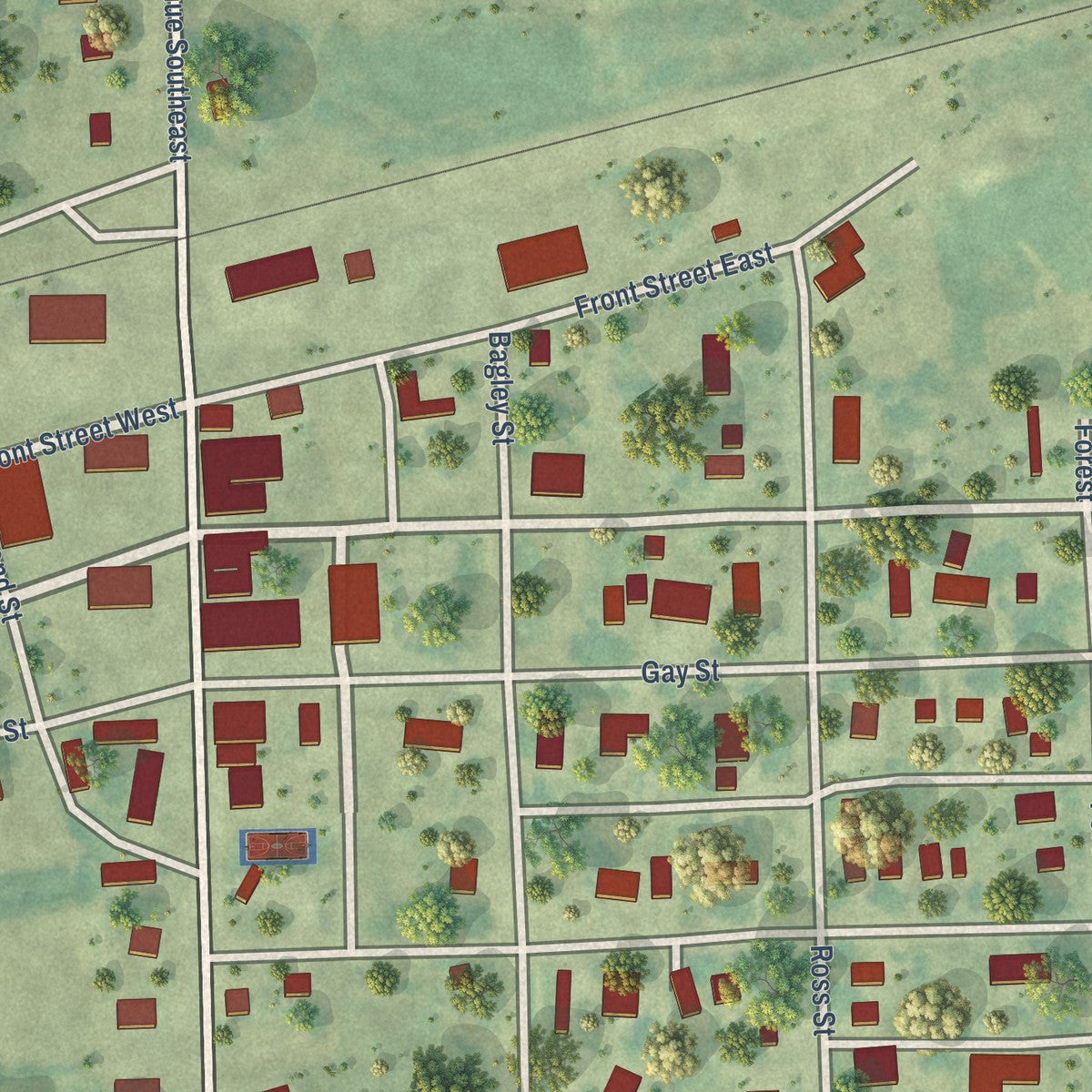 Close-up of the map of Rutland, North Dakota print showing street and building detail