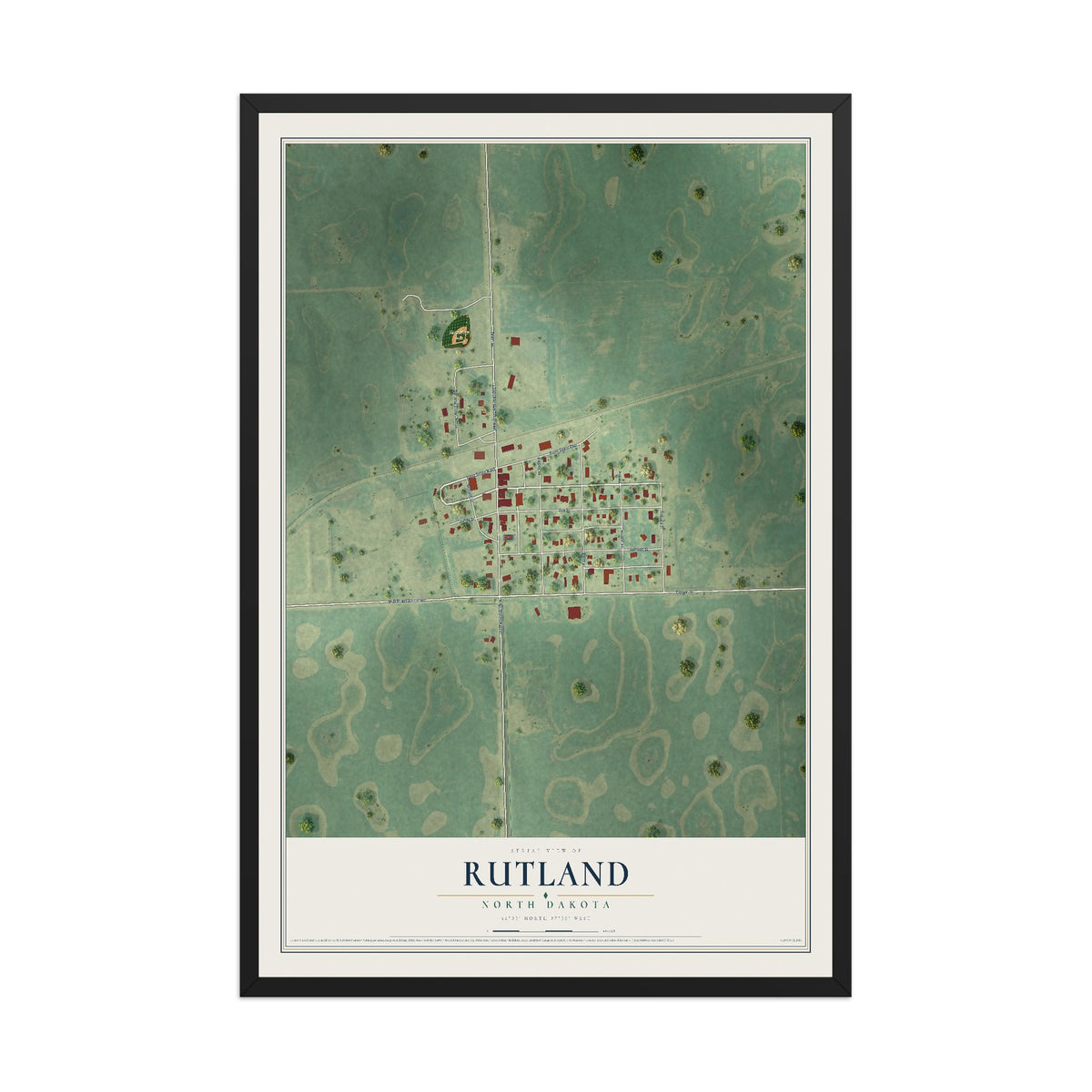 Map of Rutland, North Dakota, 12 x 18 inch print in a black wood frame