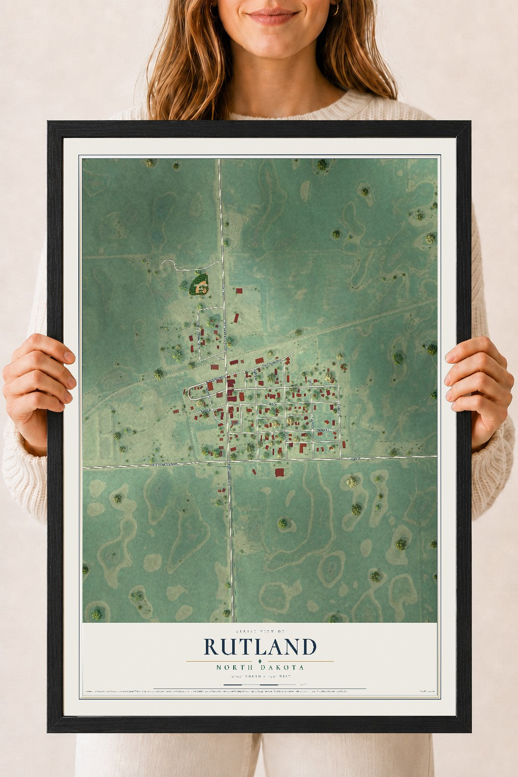 Map of Rutland, North Dakota, 18 x 24 inch print in a black wood frame