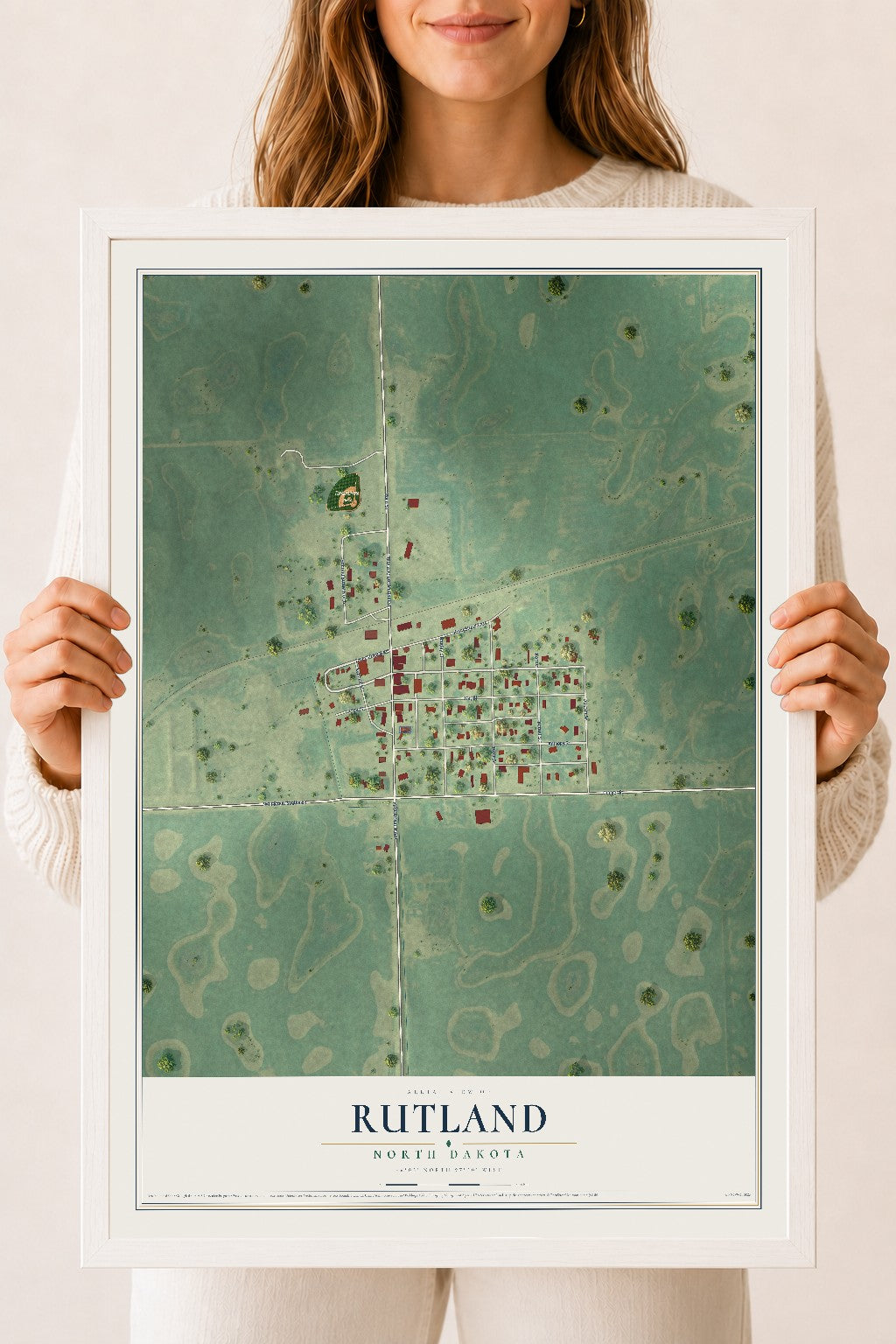 Map of Rutland, North Dakota, 18 x 24 inch print in a white wood frame