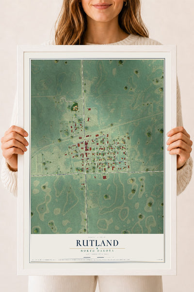 Map of Rutland, North Dakota, 18 x 24 inch print in a white wood frame