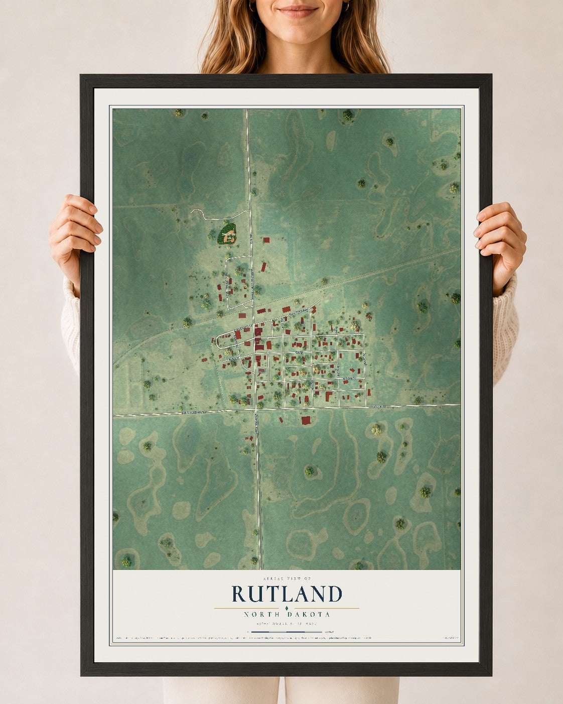 Map of Rutland, North Dakota, 24 x 36 inch print in a black wood frame