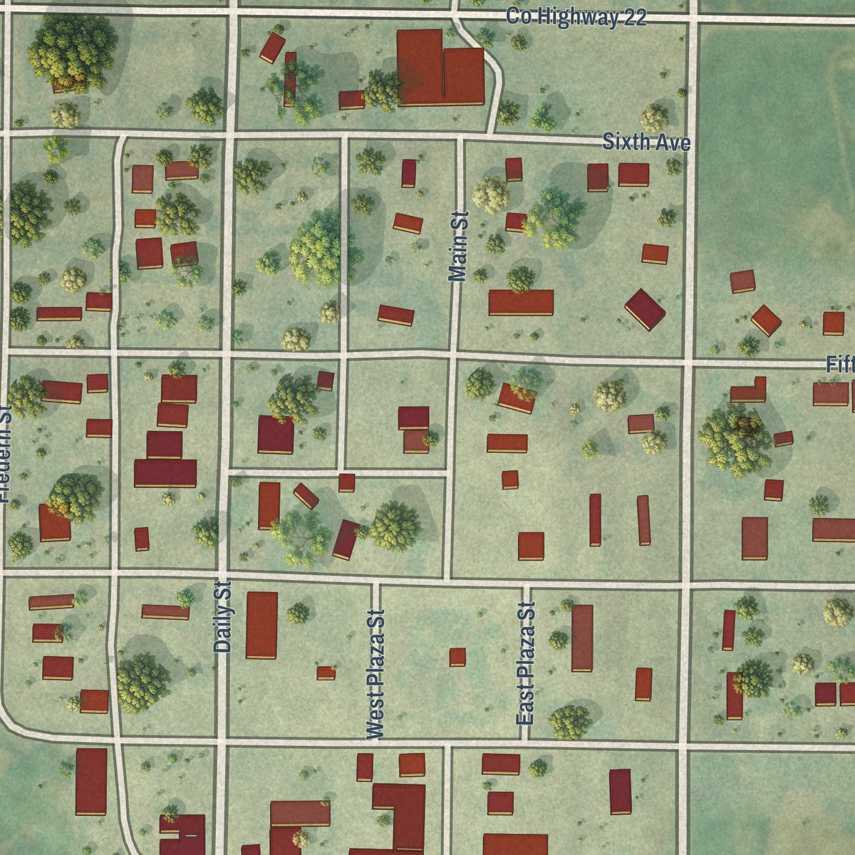 Close-up of the map of Ryder, North Dakota print showing street and building detail
