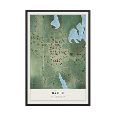 Map of Ryder, North Dakota, 12 x 18 inch print in a black wood frame