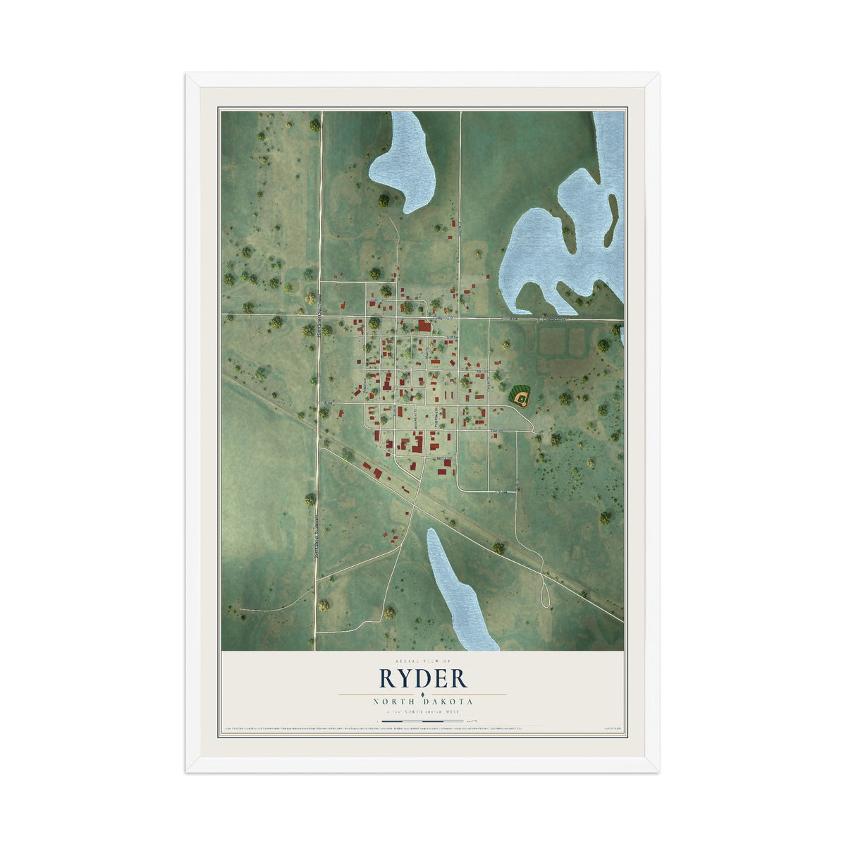 Map of Ryder, North Dakota, 12 x 18 inch print in a white wood frame