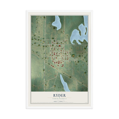Map of Ryder, North Dakota, 12 x 18 inch print in a white wood frame