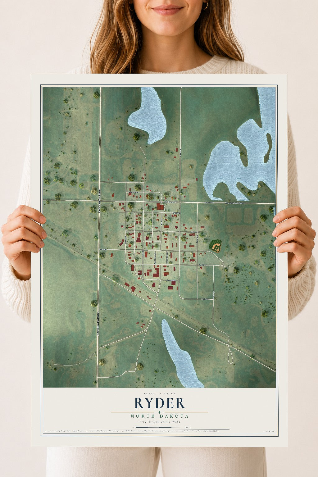 Map of Ryder, North Dakota, 18 x 24 inch unframed archival matte print
