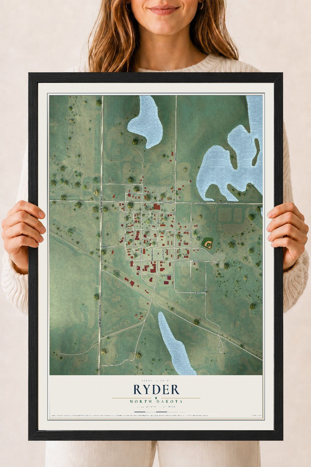 Map of Ryder, North Dakota, 18 x 24 inch print in a black wood frame