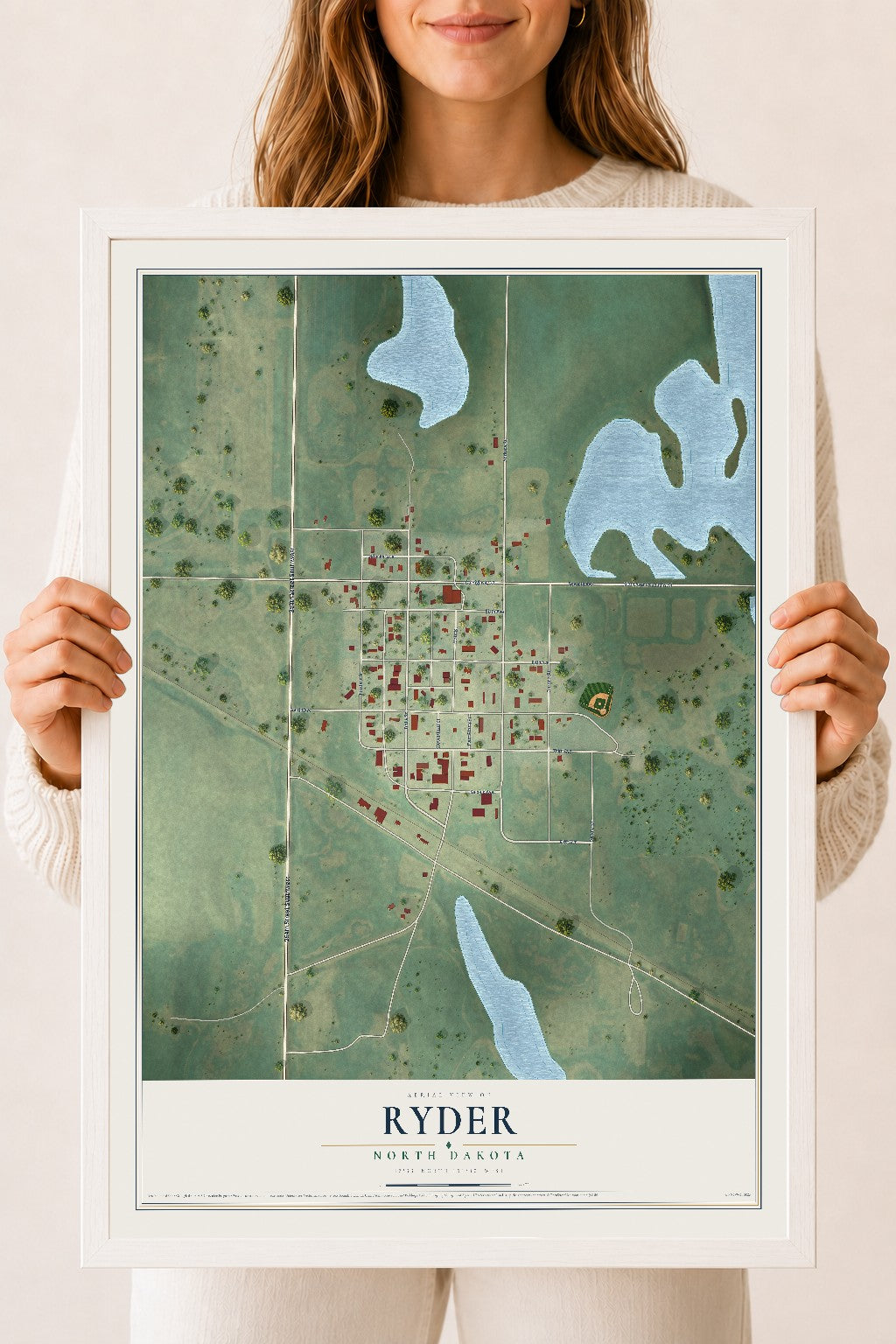 Map of Ryder, North Dakota, 18 x 24 inch print in a white wood frame