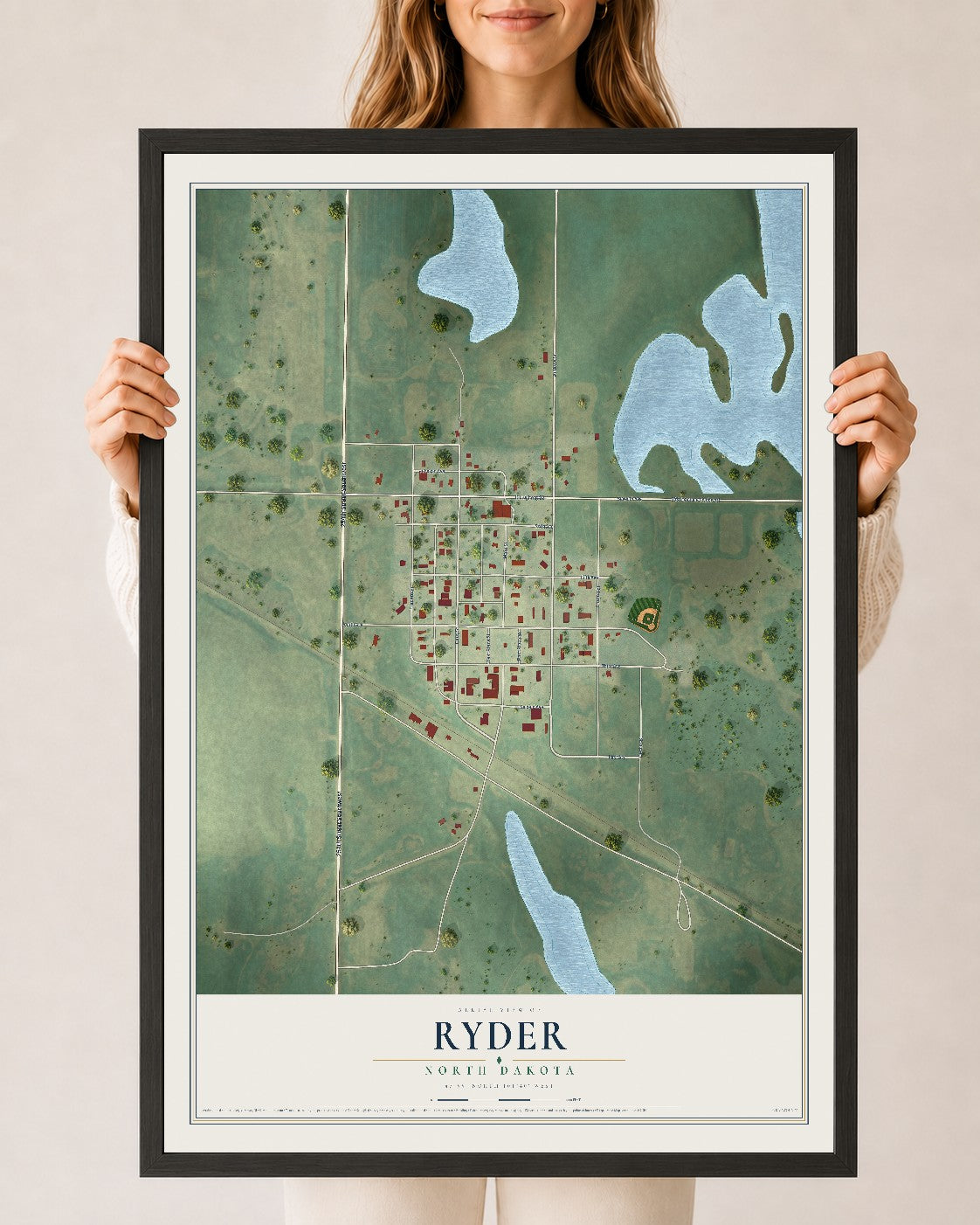 Map of Ryder, North Dakota, 24 x 36 inch print in a black wood frame