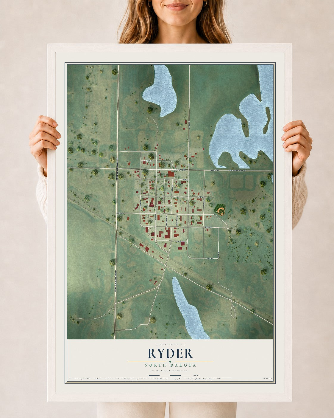 Map of Ryder, North Dakota, 24 x 36 inch print in a white wood frame